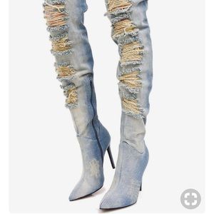 Distressed thigh high jean boots